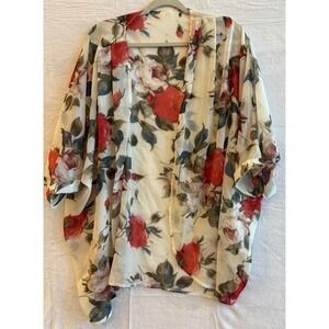 Women's Floral Kimono Cardigan Lightweight Sheer Red Roses Cream XL‎